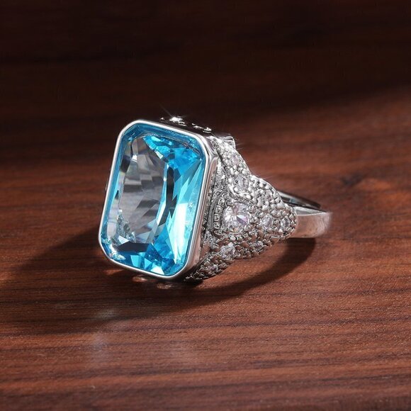 Vintage Carved Radiant Cut Sea Blue Gemstone Fashion Rings for Women, INDN8526 - Picture 3 of 3